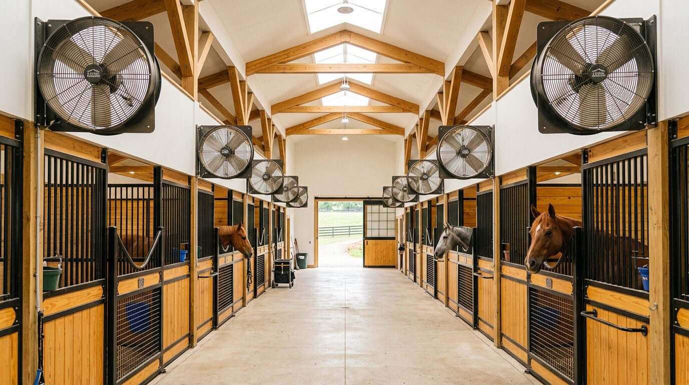 Cool Barns fans installed in horse barn aisle