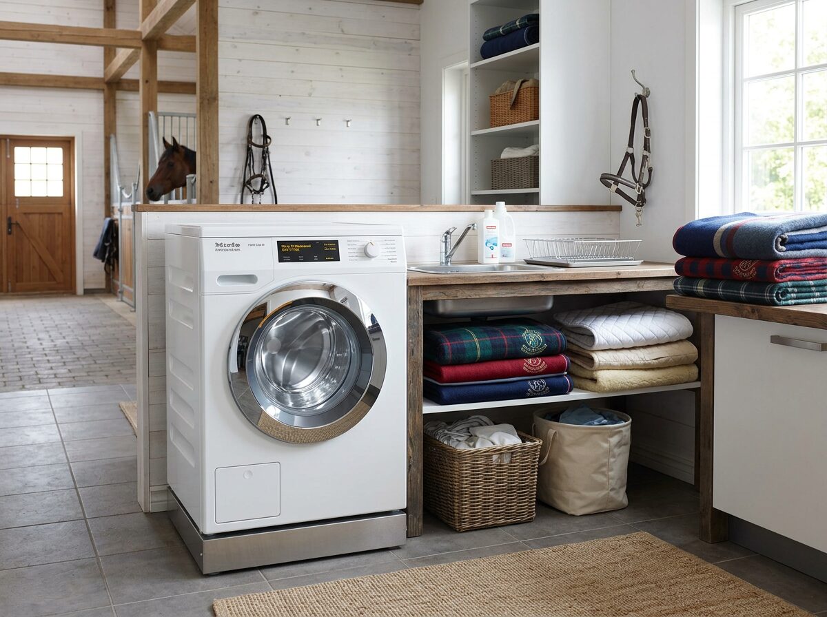 Miele Professional commercial washing machine in equestrian laundry room