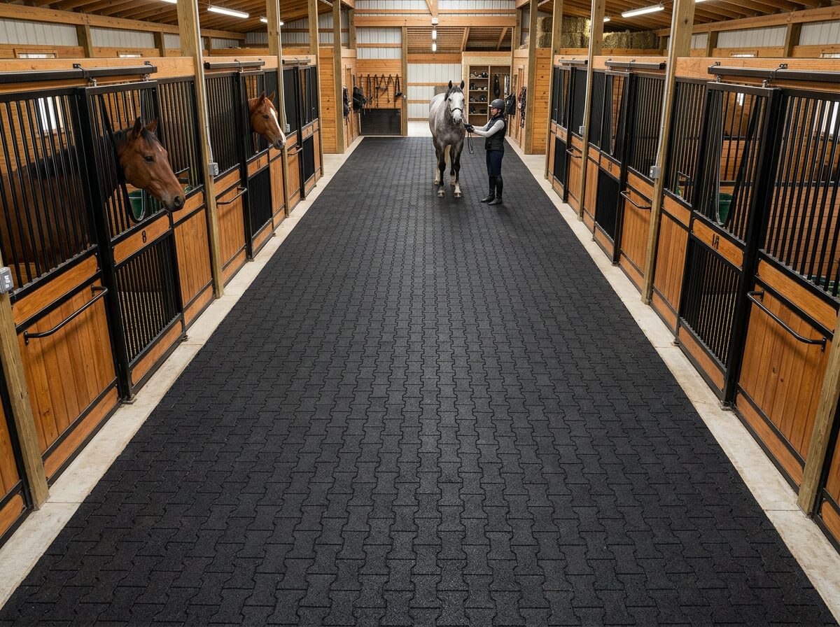 Rubber pavers installed in barn aisle
